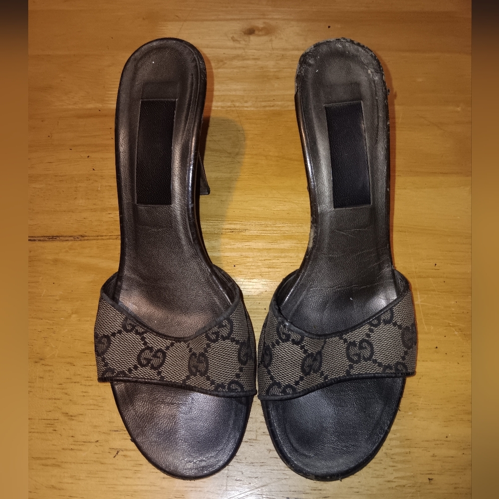 Gucci Brown/Black GG Canvas Slide Heels